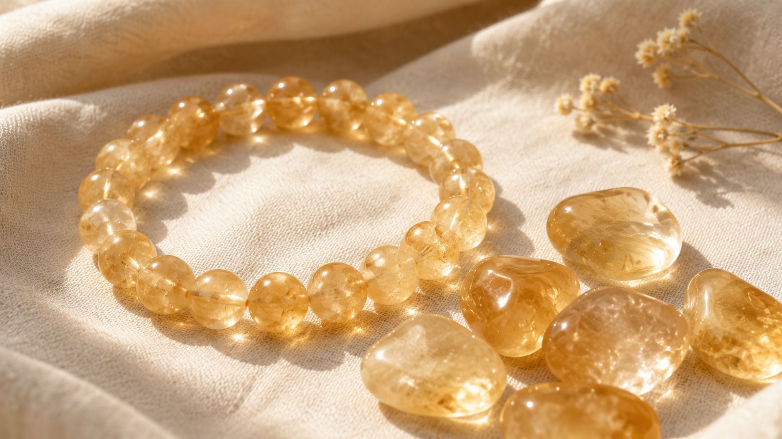 Citrine jaune doré, pierre naturelle de l'abondance, en bracelet et pierre roulée Image