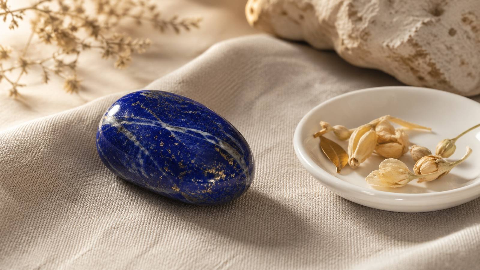 Lapis lazuli vertus — pierre bleu royal sur lin Orastones Image
