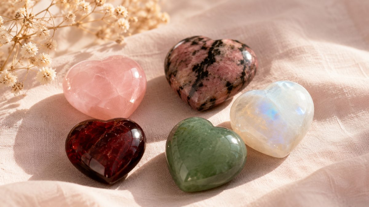 5 pierres d'amour : quartz rose, rhodonite, pierre de lune, grenat, jade
