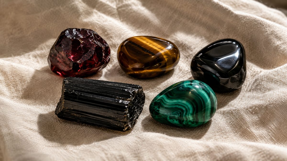 5 pierres du Capricorne : grenat, œil de tigre, obsidienne, tourmaline noire, malachite