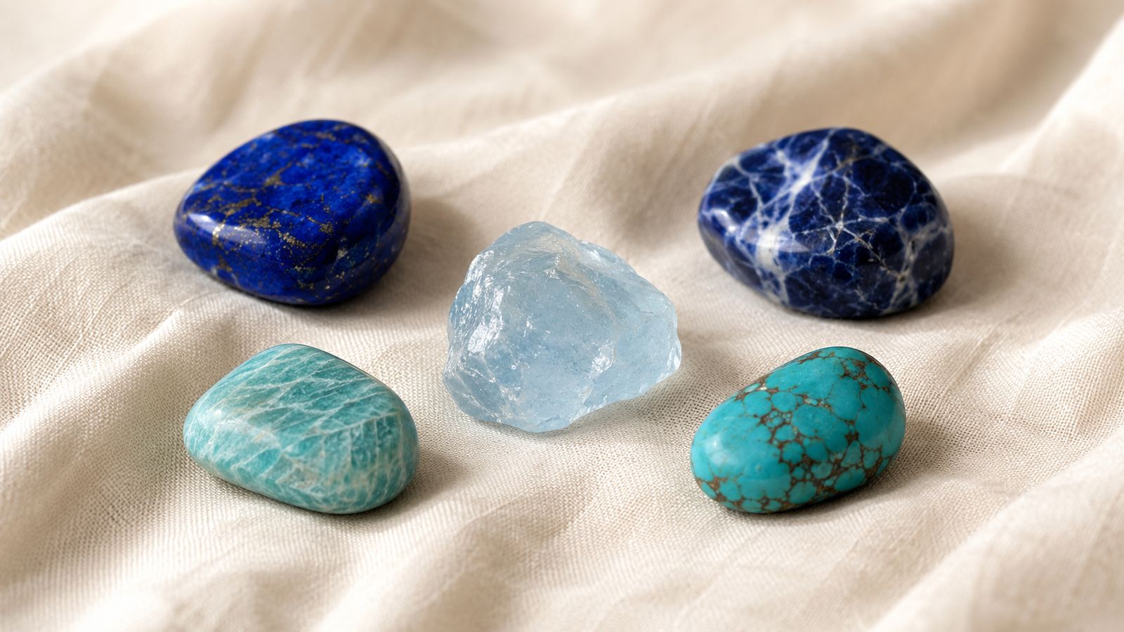 5 pierres du chakra de la gorge : lapis-lazuli, sodalite, aigue-marine, amazonite, turquoise