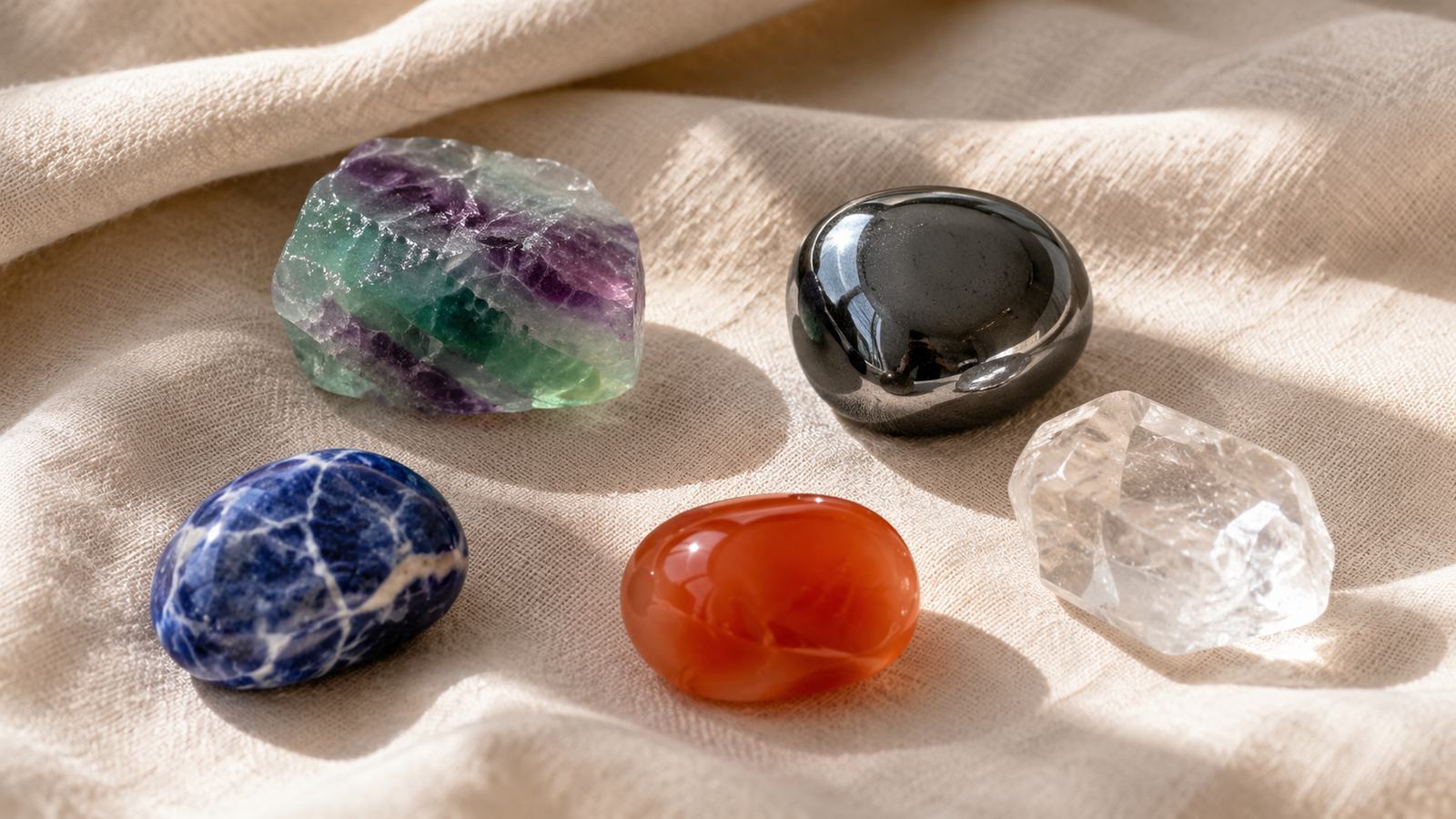 5 pierres pour la concentration : fluorine, hématite, sodalite, cornaline, cristal de roche
