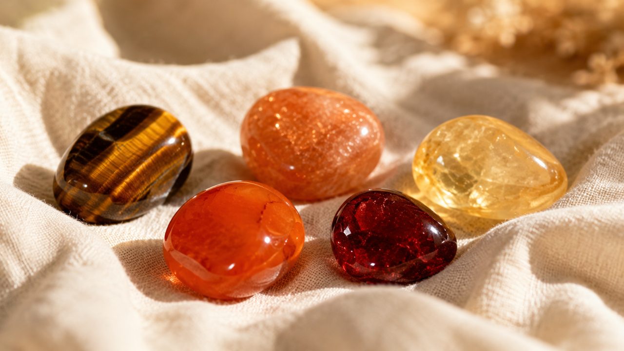 5 pierres de confiance en soi : œil de tigre, citrine, cornaline, pierre de soleil, grenat