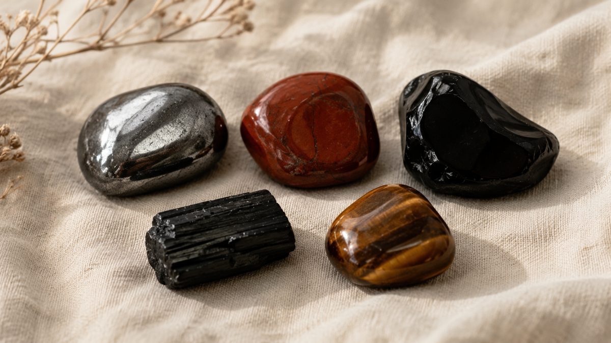 5 pierres d'ancrage : hématite, jaspe rouge, obsidienne, tourmaline noire, œil de tigre