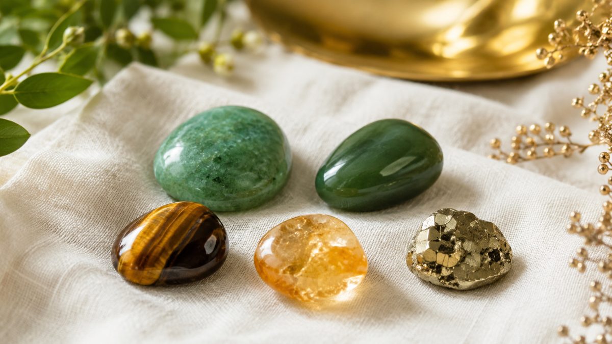 5 pierres de chance : aventurine verte, jade, œil de tigre, citrine, pyrite Image