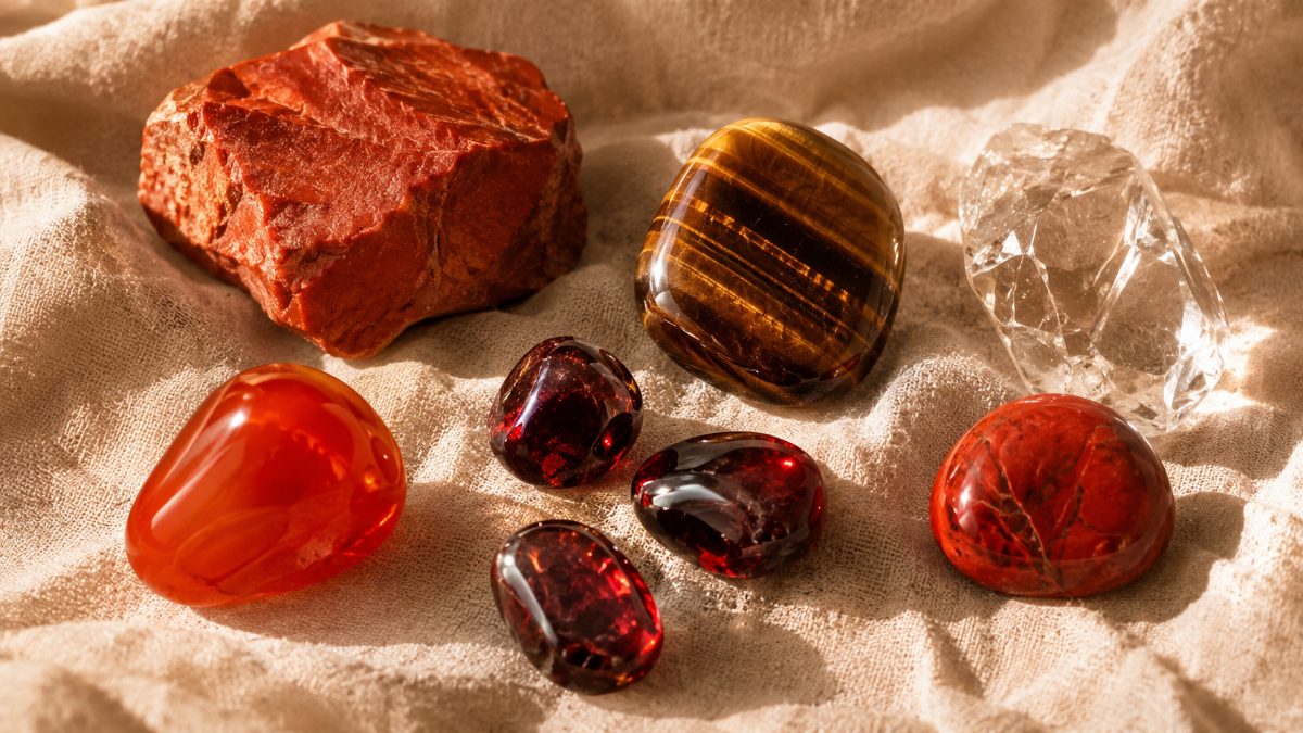5 pierres d'énergie et de vitalité : cornaline, grenat, œil de tigre, jaspe rouge, cristal de roche Image