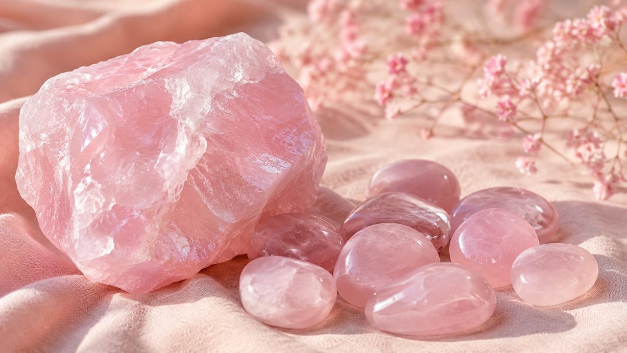 Quartz rose brut et poli, pierre de l'amour rose tendre Image